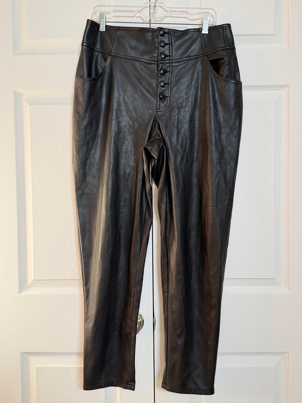 Bar III Faux Leather Pants Women 12 Black High Rise Button Front Ankle Skinny